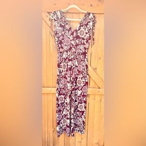 DEX Jumpsuit Womens Small Burgundy Floral Sleeveless V-Neck One Piece